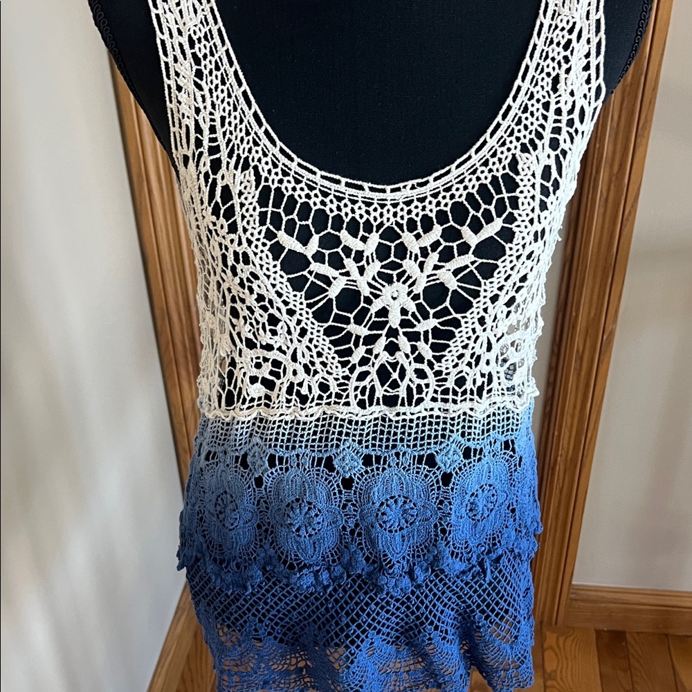 Dolled Up Blue and Cream Lace Tank Top